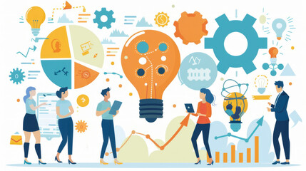 Several individuals standing in a circle around a glowing light bulb, engaged in discussion or brainstorming