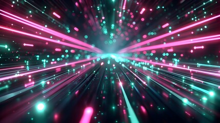 HighSpeed Data Network Visualized through a Dazzling D Intersection of Glowing Magenta and Jade Neon Lines on Slick Black Surfaces