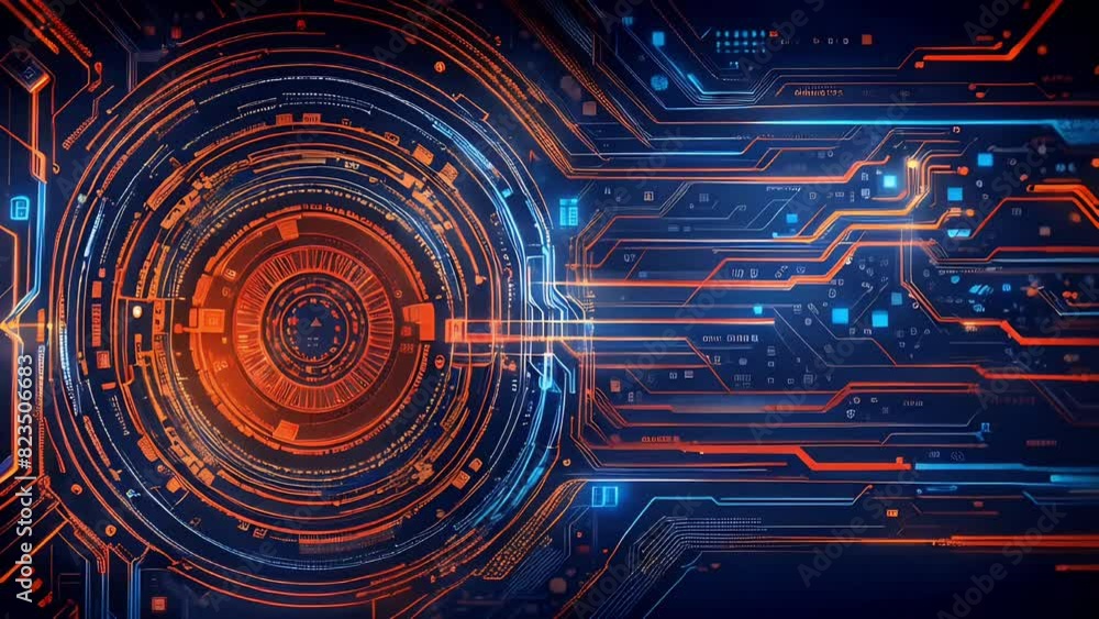 Poster digital technology background featuring glowing circuits and abstract elements in blue and orange hu