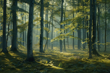 Green forest with beech trees, during spring time, with sun light and shadows, in a morning misty atmosphere.