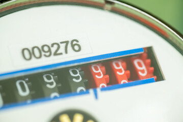 Digital mechanical water counter, with numbers on it, close up. Communal payments, counting the...