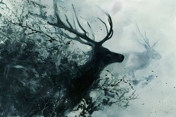 A black and white image of a deer with its head cut off. The deer is surrounded by a dark, smoky atmosphere
