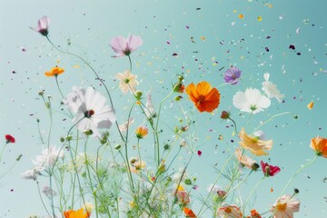 An array of cosmos and assorted wildflowers dispersed as if by a gentle breeze on a blue background