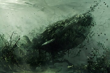 A large green plant is floating in the water. The plant is surrounded by many small plants and insects. Scene is eerie and mysterious