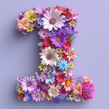 Multi-hued flowers create an attractive number one on a purple background, embodying elegance and cheerfulness