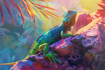 A green lizard is sitting on a rock in a colorful jungle. The lizard is surrounded by vibrant foliage and the scene has a lively and exotic feel to it