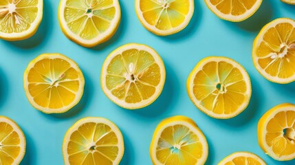 vibrant lemon slices pattern on turquoise background minimal flat lay food texture