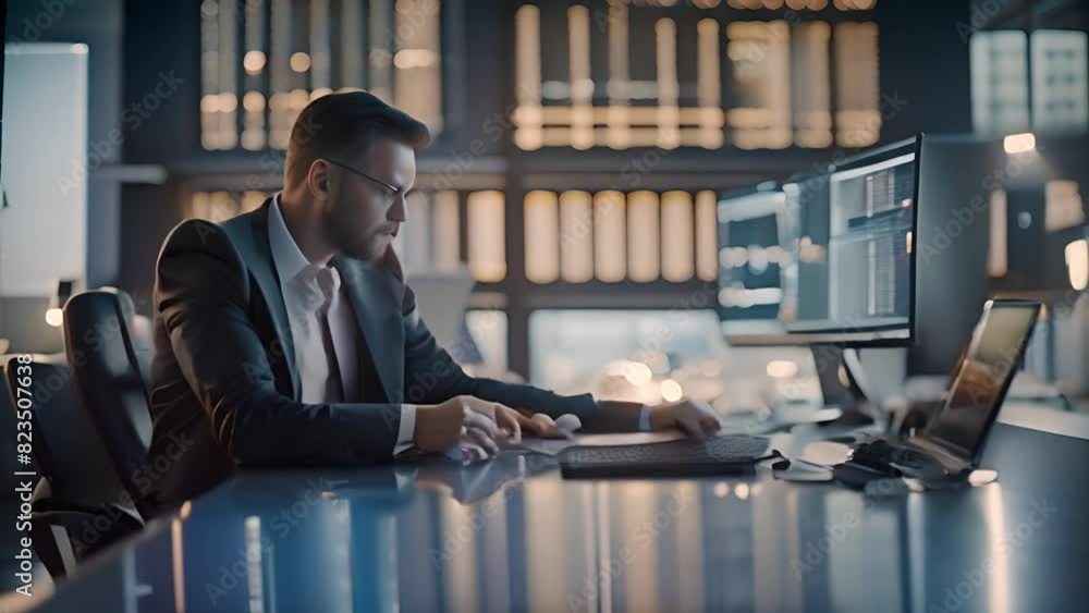 Poster man sitting at desk working on computer generative ai