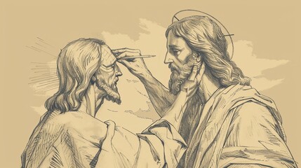 Fototapeta premium Miracle and Compassion: Jesus Giving Sight to the Blind, Biblical Illustration