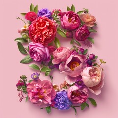 A circular arrangement of peonies, berries, and flowers set against a gentle pink background creating number 5