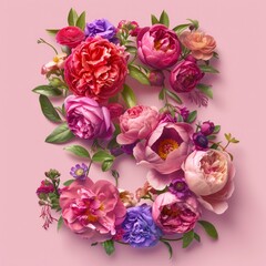 Fototapeta premium A circular arrangement of peonies, berries, and flowers set against a gentle pink background creating number 5