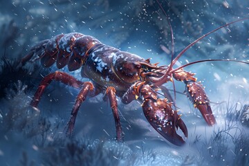 A crab is walking on a snowy beach. The crab is brown and white, and it is walking through the snow. The image has a serene and peaceful mood, as the crab is walking calmly through the snow