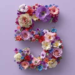 A richly colorful and intricate floral number 5 made from various blooming flowers on a complementary purple background