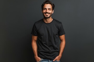 Fototapeta premium Smiling Indian Man Wearing a Black T-Shirt posing in Studio, mockup, grey background, copy space, 