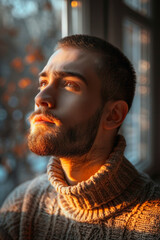 Pensive Man in Warm Sweater Gazing Out of Window in Autumnal Light