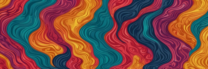 This image displays a colorful abstract wavy design with a seamless flow of warm and cool colors