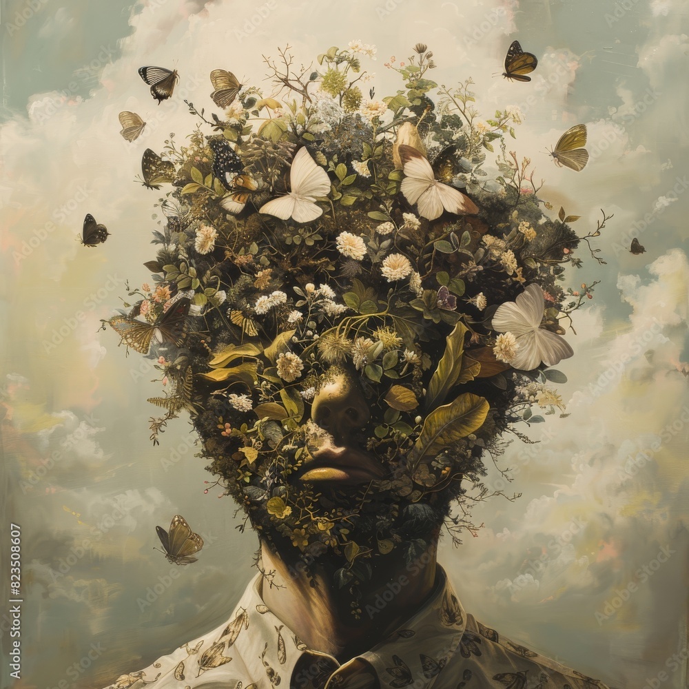 Poster a striking artistic representation featuring a man whose head is adorned with an array of lush green