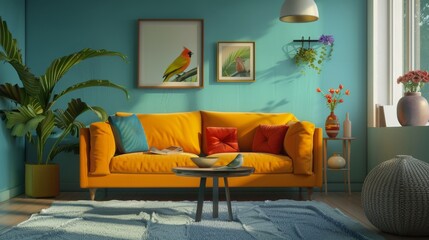 Scandinavian living room interior with comfortable orange sofa, stylish furniture and home accessories. Home decor in trendy colors of the year 2023.
