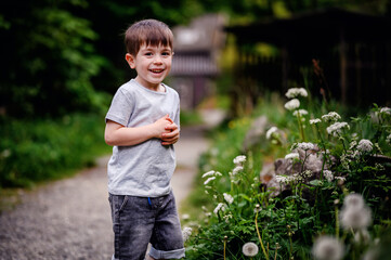 Smiling young boy in a gray t-shirt and jeans, standing on a path surrounded by greenery and flowers on a sunny day.