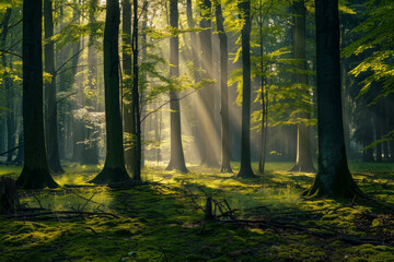 Fototapeta premium Green forest with beech trees, during spring time, with sun light and shadows, in a morning misty atmosphere.