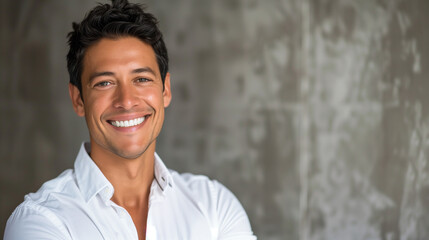 Fototapeta premium Businessman with short dark hair smiles in a casual headshot portrait.