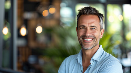 Fototapeta premium Businessman with short dark hair smiles in a casual headshot portrait.