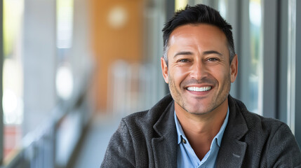 Fototapeta premium Businessman with short dark hair smiles in a casual headshot portrait.