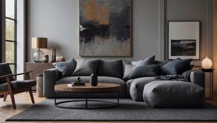 Modern living room with pouf, wooden table, and artwork above grey corner couch