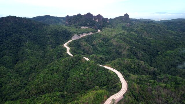 Aerial view of the mountains and road of Mae Sot Tak Province Thailand