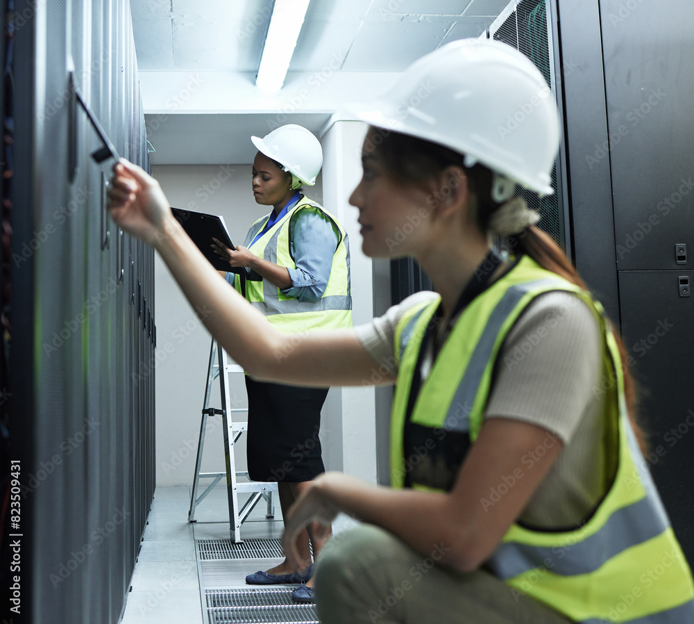 Poster Cybersecurity, database and server room with engineer women at work to maintain computer network. Checklist, documents and repair with technician people working to install firewall on mainframe