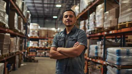 Obraz premium Confident worker standing arms crossed in distribution warehouse.