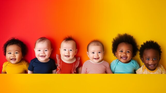 Six joyful babies in colorful clothing against a backdrop blending red with yellow, showcasing diversity and happiness