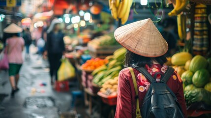 Obraz premium A person in traditional conical hat stands amidst a vibrant market setting, focusing on local culture and commerce