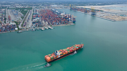 Top view of Cargo container Ship, cargo vessel ship carrying container and running for import...