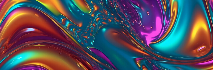A mesmerizing composition of shiny liquid patterns with bold colors and reflections creating optical effects