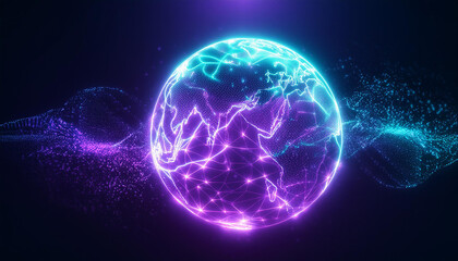 Neon energy sphere of particles and waves of magical glowing. Abstract round shape.