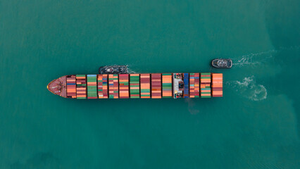 Cargo container Ship, cargo vessel ship carrying container and running for import export concept technology freight shipping sea freight by Express Ship. top view