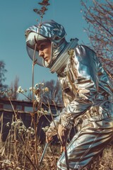 An astronaut in a shiny silver suit holding a sign in a natural environment, face obscured