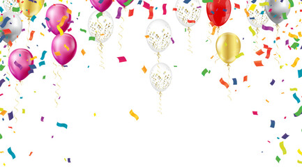 Bright and festive image featuring various colorful balloons and scattered confetti, depicting a celebration or party atmosphere