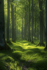 Obraz premium Green forest with beech trees, during spring time, with sun light and shadows, in a morning misty atmosphere.