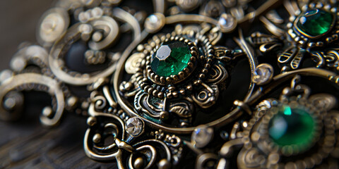 Antique Brass Jewelry with Green Gemstones Intricate Vintage Brooch Close Up