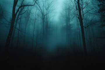 Eerie Dense Fog in Mysterious Dark Forest with Bare Trees