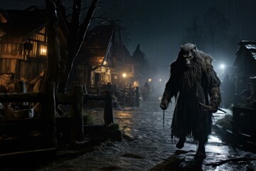 Fantasy scene with a cloaked figure strolling through a rain-soaked, old-world village after dark