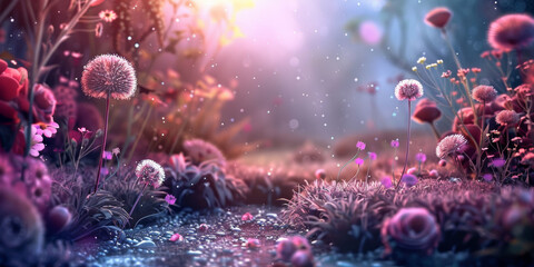 Enchanting Fantasy Floral Landscape at Sunrise with Sparkling Dew Drops and Pastel Colors