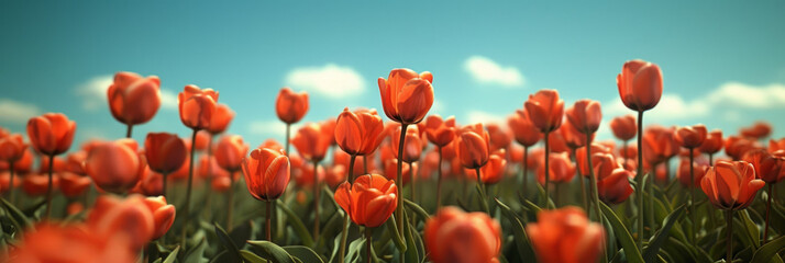 Vibrant Field of Blooming Orange Tulips Under a Blue Sky with Puffy Clouds