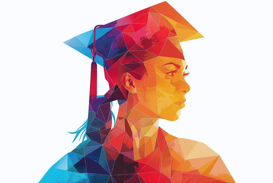 female college graduate silhouette filled with low-poly colors, white background, graduation celebration