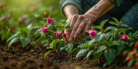 Close Up of Gardener's Hand Tending to Blooming Flowers in a Vibrant Garden