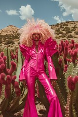 Naklejka premium Model in a bold pink outfit stands out against a desert background, portraying confidence and vibrancy