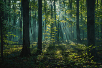 Green forest with beech trees, during spring time, with sun light and shadows, in a morning misty atmosphere.