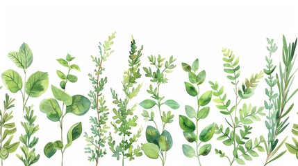 watercolor seamless border collection garden herbs leaves branches isolated on white botanic illustration